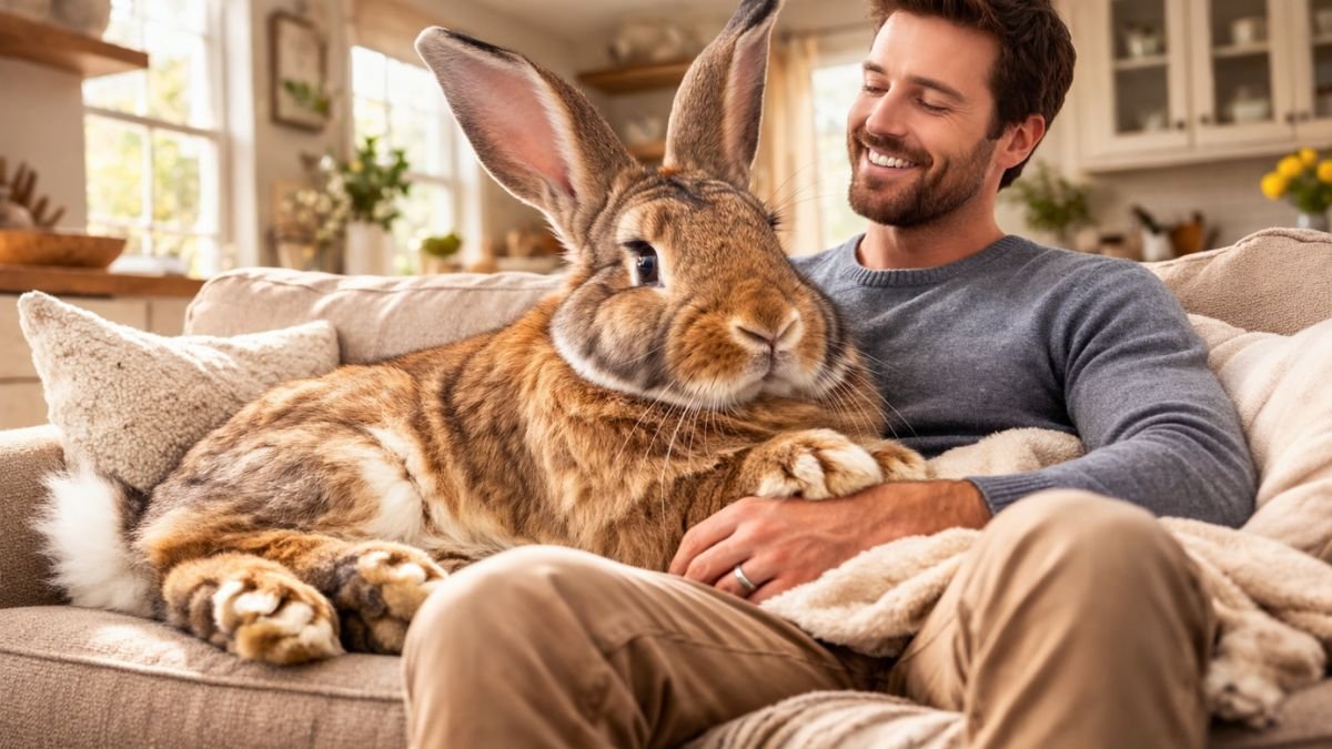 Enormous Flemish giant rabbit is practically the size of his dad
